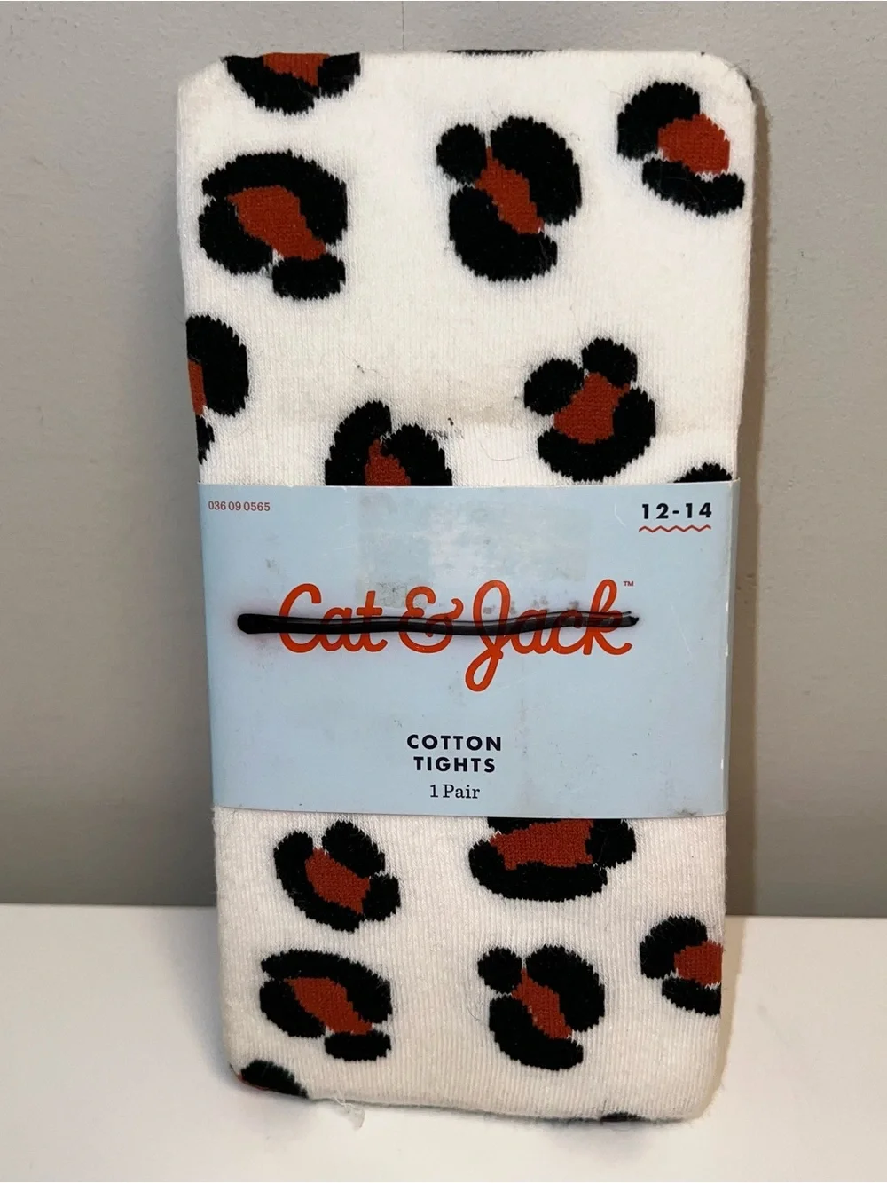 Cat & Jack White Cotton Tights with Black and Rust Leopard Print